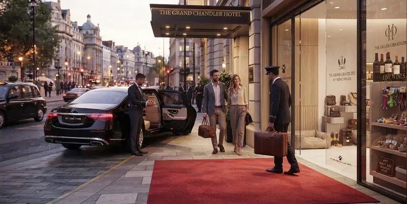 Driver opening the rear door of a black saloon outside a hotel
